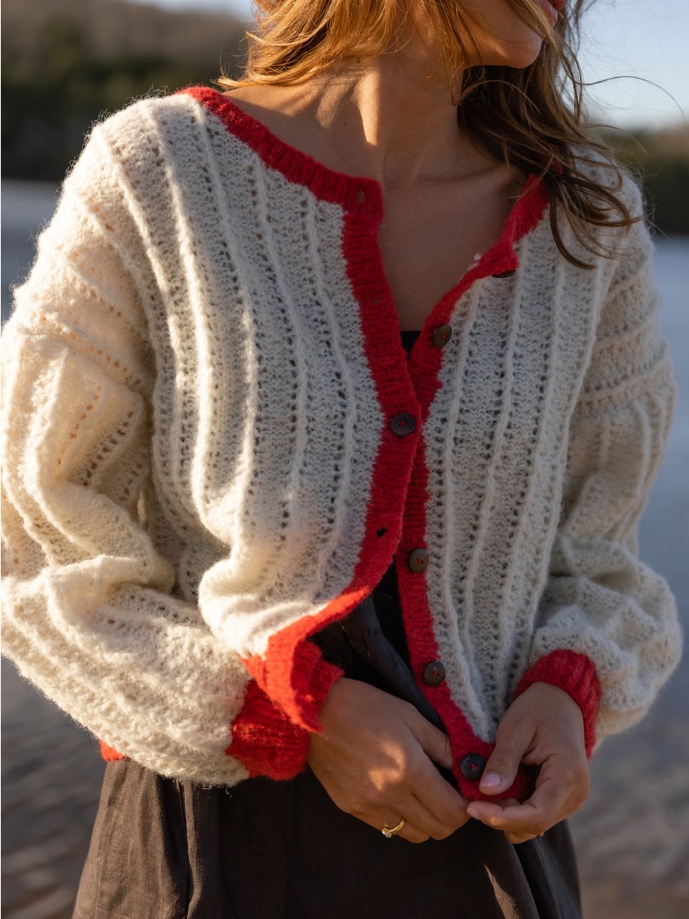 Liz Alig Agnes Mohair Blend Cardigan in Cream & Red Crochet Knit Handmade S